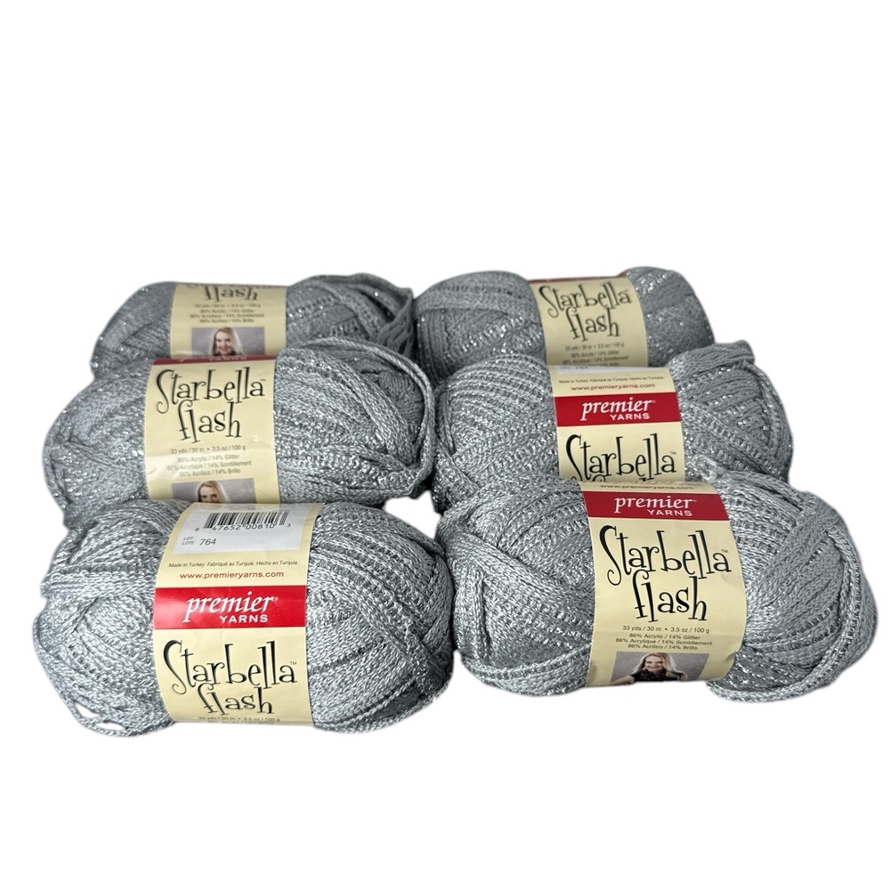 Lot of 6 Starbella Flash Yarn Premier Yarns 33 Yards 3.5 oz each Silver